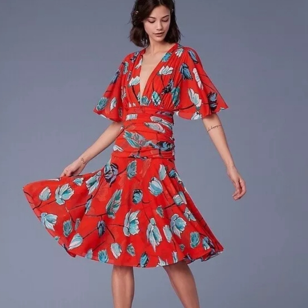 Diane von Furstenberg Dress Asher Vermillion Floral Print Mesh Size L